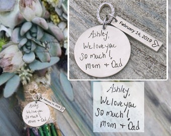 Engraved Handwritten wedding bouquet charm, Wedding memorial bouquet charms, gift from mom dad personalized wedding bouquet charm memorial