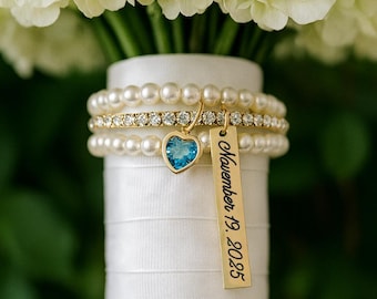 Bouquet Wrap, Bridal Bouquet charm, Daughter in law wedding gift, Engraved Bride gift from mom, Something blue for bride, Wedding date