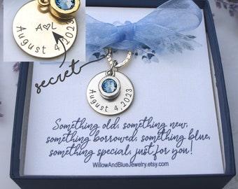 Something blue for bride, Engraved Bride gift from mom, Something blue bouquet charm, bride gift from mom bridal bouquet charms Wedding date