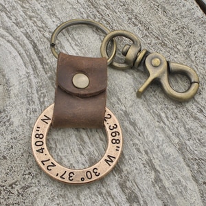 Coordinates keychain, personalized leather keychain, personalized keyring, latitude longitude, 2 year Anniversary gifts boyfriend Bronze 311