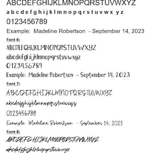 Op de afbeelding: Een witte achtergrond toont lettertypeopties voor gepersonaliseerde items. De tekst bevat hoofdletters en kleine letters, cijfers en voorbeelden met de naam "Madeline Robertson" en de datum "14 september 2023" in verschillende lettertypen.