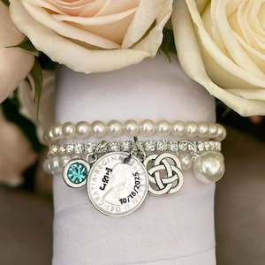Something old something new something borrowed something blue, Unique Real Personalized Sixpence bouquet Bride gift from mom bridal Pearl
