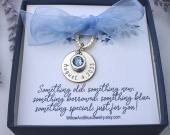 Something blue for bride, Engraved Bride gift from mom, Something blue bouquet charm, bride gift from mom bridal bouquet charms Wedding date