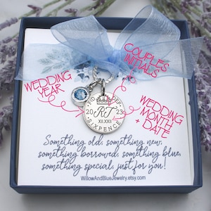 Bridal shower gift for bride unique, Custom Sixpence, Something blue for bride, Something blue bouquet charm from best friend Wedding date