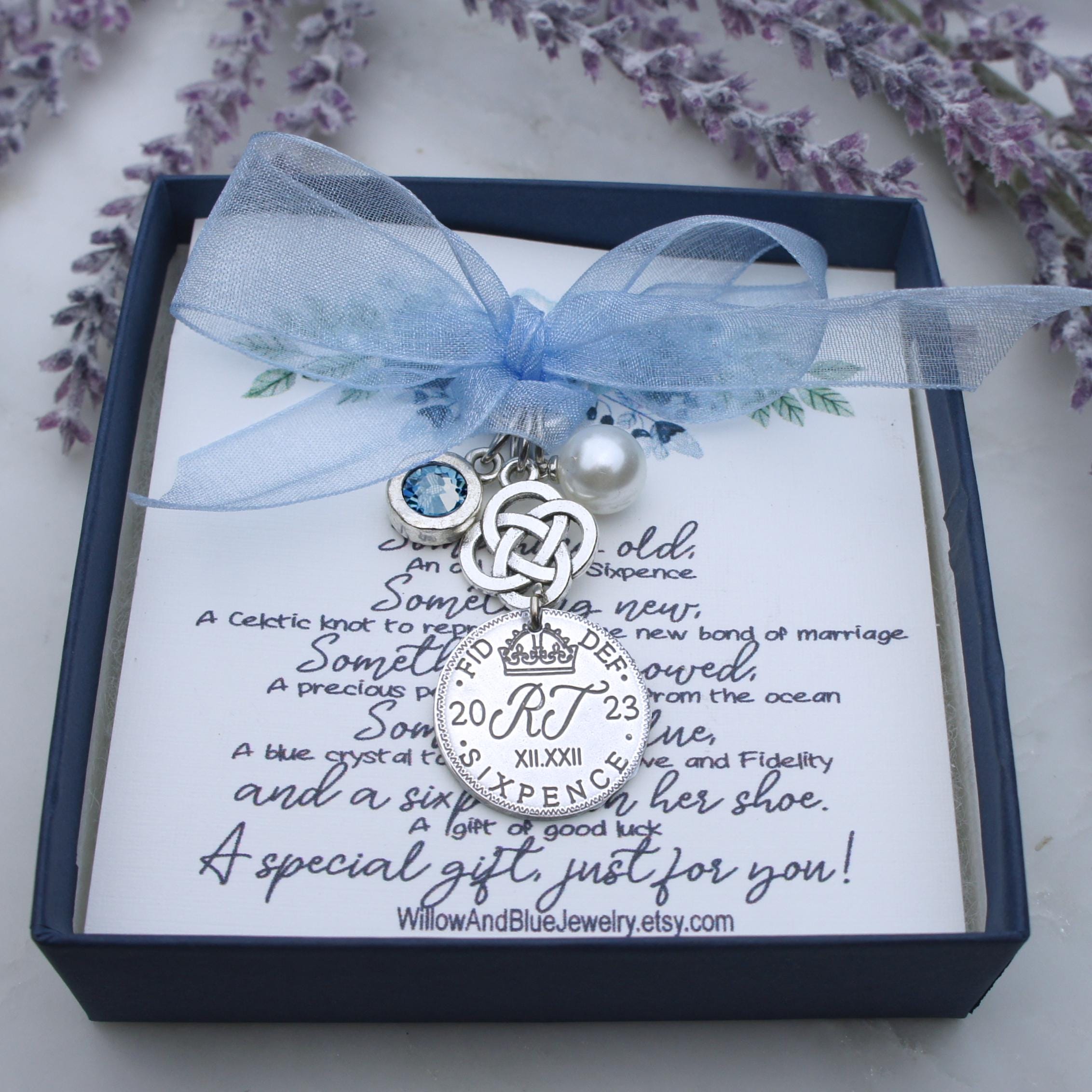 Something blue for bride from mom for Bride bouquet, bride keepsake, Engraved Bride gift from mom friend, bridal charms Wedding date Pearl