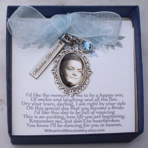 Photo and Name Wedding memorial bouquet charms, Bridal Bouquet Charm, Something blue bouquet charm, Bouquet photo charm, from mom and dad