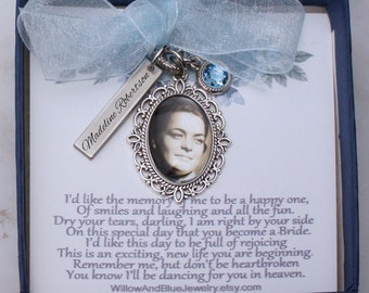 Photo and Name Wedding memorial bouquet charms, Bridal Bouquet Charm, Something blue bouquet charm, Bouquet photo charm, from mom and dad