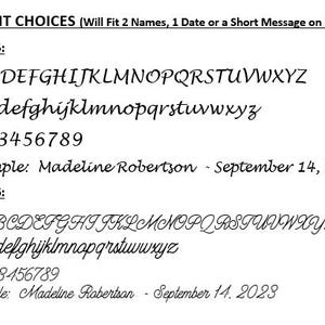 Op de afbeelding: Lettertypekeuzes voor personalisatie, inclusief lettertype 15 en lettertype 16, met voorbeelden van namen en datums. De afbeelding toont het alfabet, cijfers en een voorbeeld: Madeline Robertson - 14 september 2023.