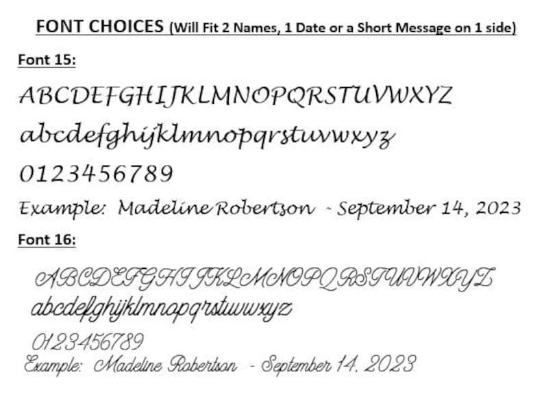 Op de afbeelding: Lettertypekeuzes voor personalisatie, inclusief lettertype 15 en lettertype 16, met voorbeelden van namen en datums. De afbeelding toont het alfabet, cijfers en een voorbeeld: Madeline Robertson - 14 september 2023.