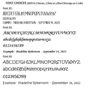 Op de afbeelding: Lettertypekeuzes voor personalisatie, inclusief lettertype 12, lettertype 13 en lettertype 14. Elke lettertype toont hoofdletters en kleine letters, cijfers en een voorbeeld: Madeline Robertson - 14 september 2023.