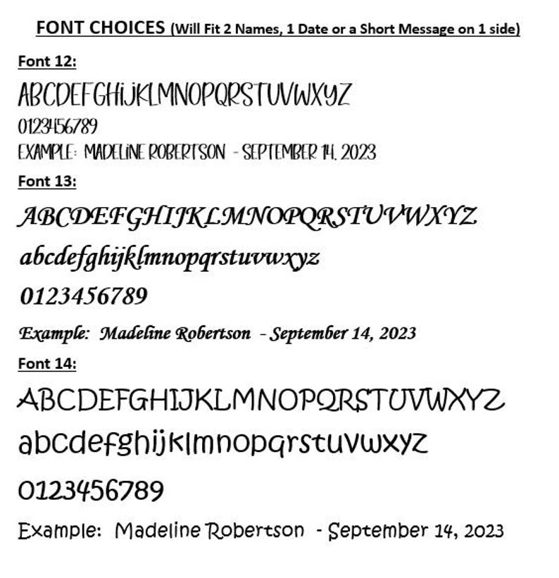 Op de afbeelding: Lettertypekeuzes voor personalisatie, inclusief lettertype 12, lettertype 13 en lettertype 14. Elke lettertype toont hoofdletters en kleine letters, cijfers en een voorbeeld: Madeline Robertson - 14 september 2023.