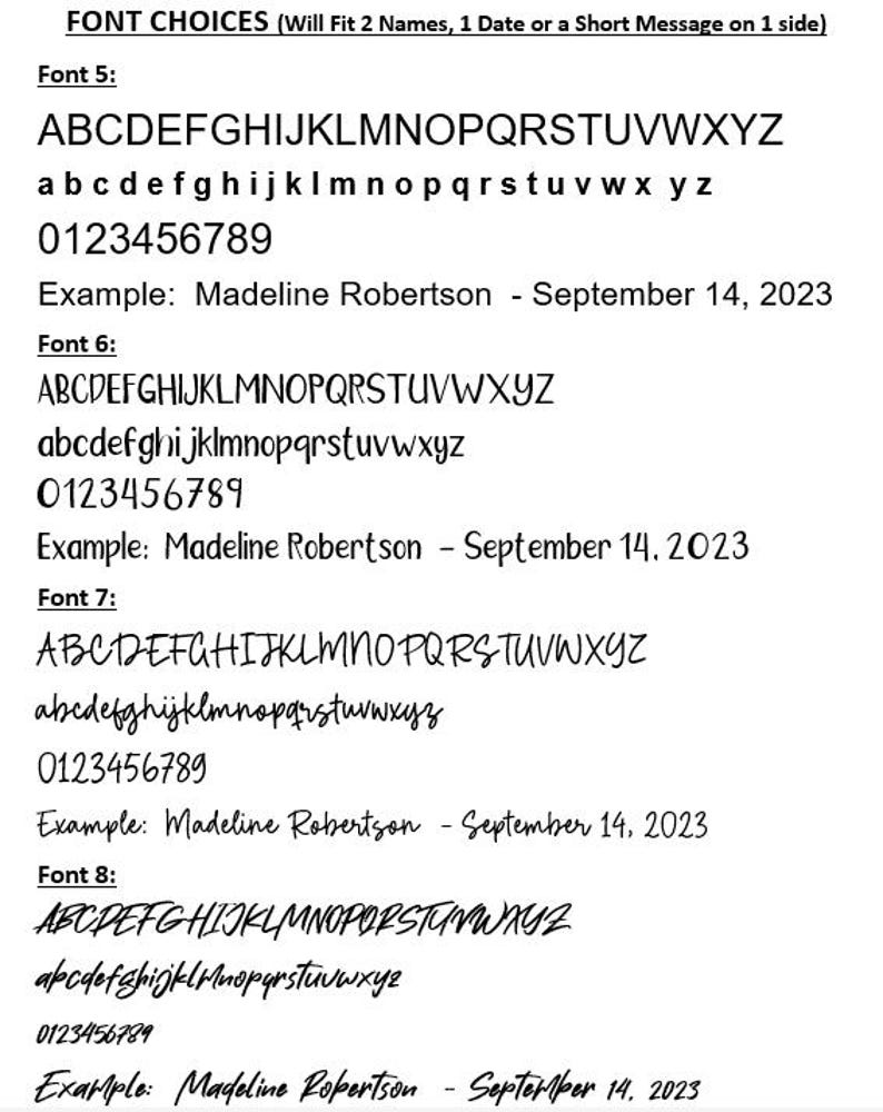Pode incluir: Um fundo branco exibe op&ccedil;&otilde;es de fontes para itens personalizados. O texto inclui alfabetos mai&uacute;sculos e min&uacute;sculos, n&uacute;meros e exemplos com o nome "Madeline Robertson" e a data "14 de setembro de 2023" em v&aacute;rios estilos de fonte.