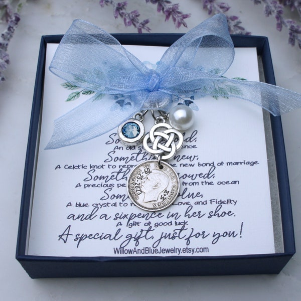 Something old something new something borrowed something blue, Unique Real Personalized Sixpence bouquet Bride gift from mom bridal Pearl