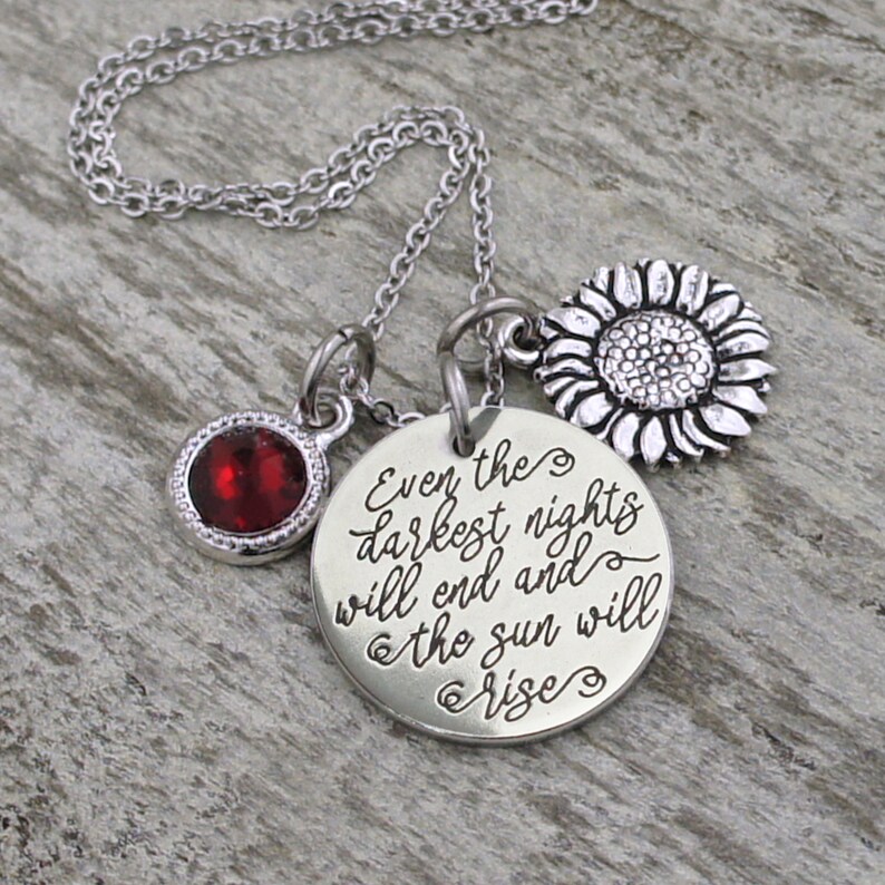 Les Miserable Jewelry, Even the darkest nights will end and the sun will rise, Hope Strength necklace, sunflower necklace, recovery gift 165 image 1