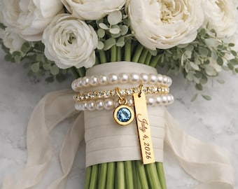 Bouquet Wrap, Bridal Bouquet charm, Daughter in law wedding gift, Engraved Bride gift from mom, Something blue for bride, Wedding date