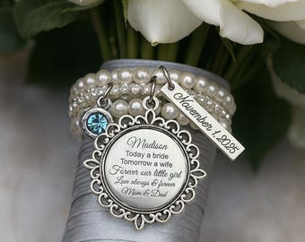 Bouquet Wrap, Bridal Bouquet Charm, Bride Gift from Mom and Dad, Bouquet charm pearl, Today tomorrow a wife forever our little girl, Blue