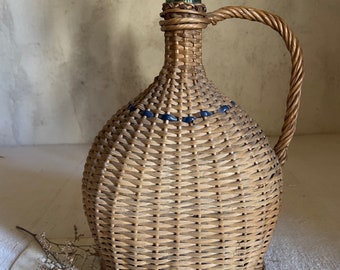 Antique French rattan bottle wicker flask glass France 1920s