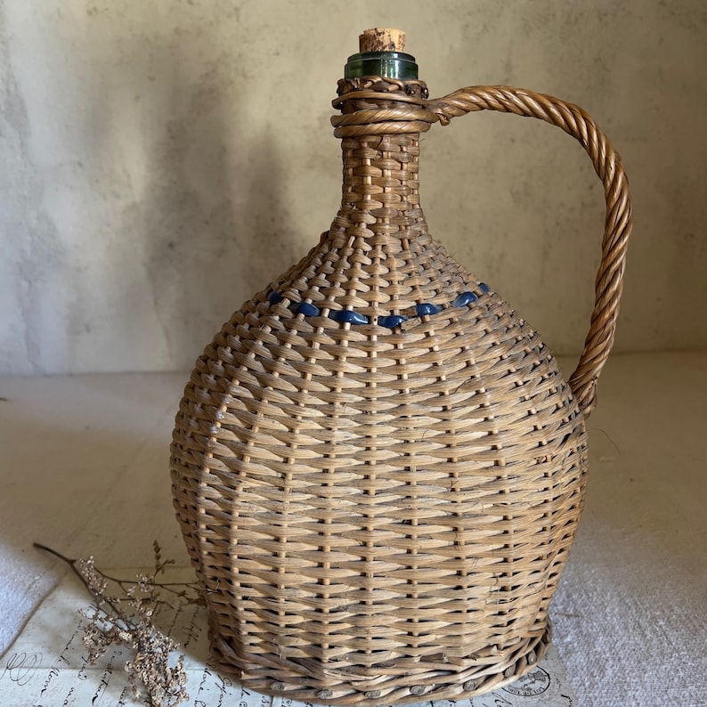 Antique French rattan bottle wicker flask glass France 1920s image 1