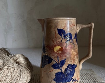 Antique French pitcher jug tea stained hand painted floral LUNEVILLE France 1930s