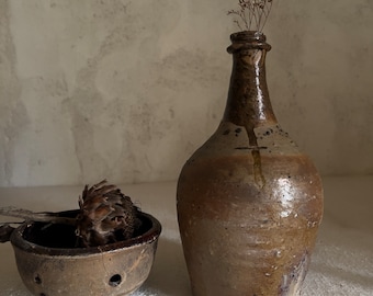 RESERVED for J. Please don't buy. Antique French rustic bottle. Stoneware. Olive-Brown- beige color.