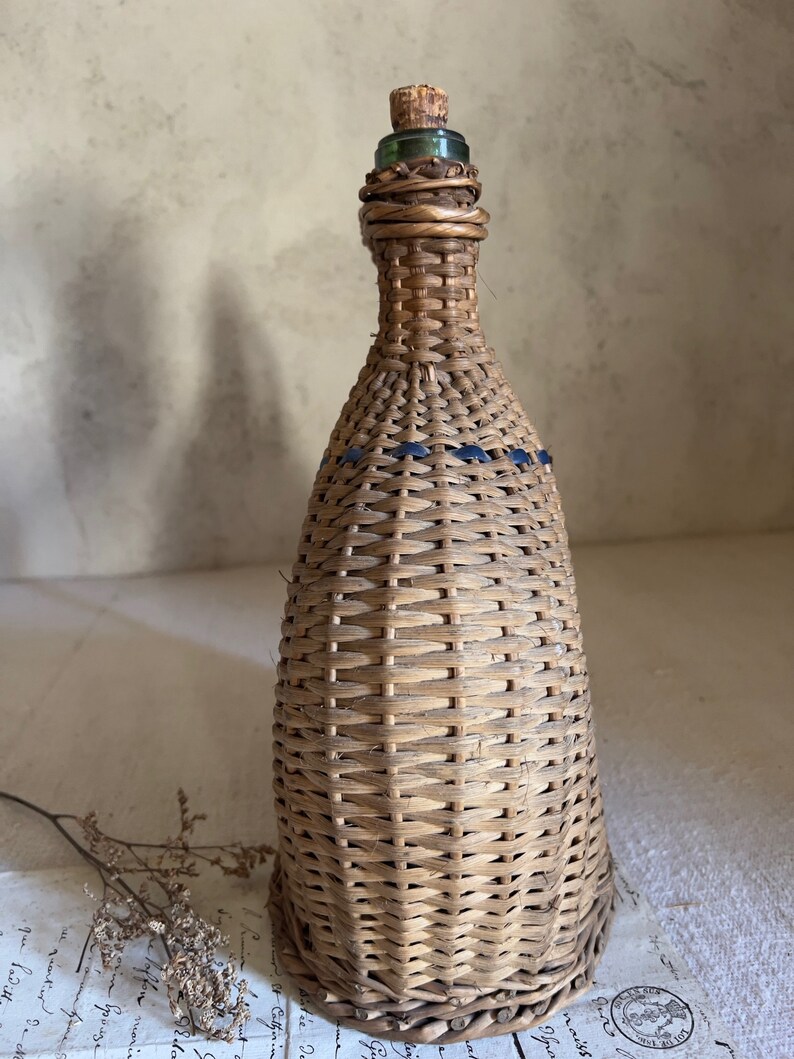 Antique French rattan bottle wicker flask glass France 1920s image 5