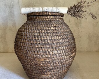 Antique French attic basket with lid rye straw bramble wood France 1920s