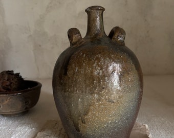 RESERVED for J. Please don't buy. Antique French rustic oil jug pitcher jar . Stoneware. Olive-Brown- Black color.