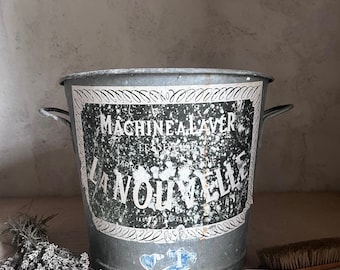 Antique French large zinc laundry basin bucket with handles. Old label. 1950s. FRANCE