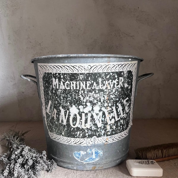 Antique French large zinc laundry basin bucket with handles. Old label. 1950s. FRANCE