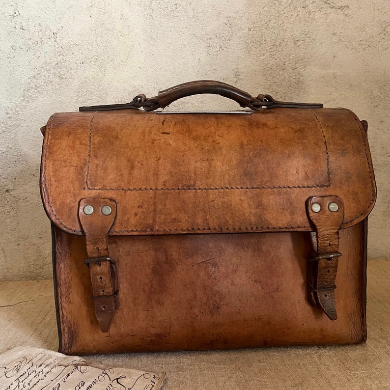 Antique Belgian aviation pilot vintage leather bag satchel messenger carrier image 3