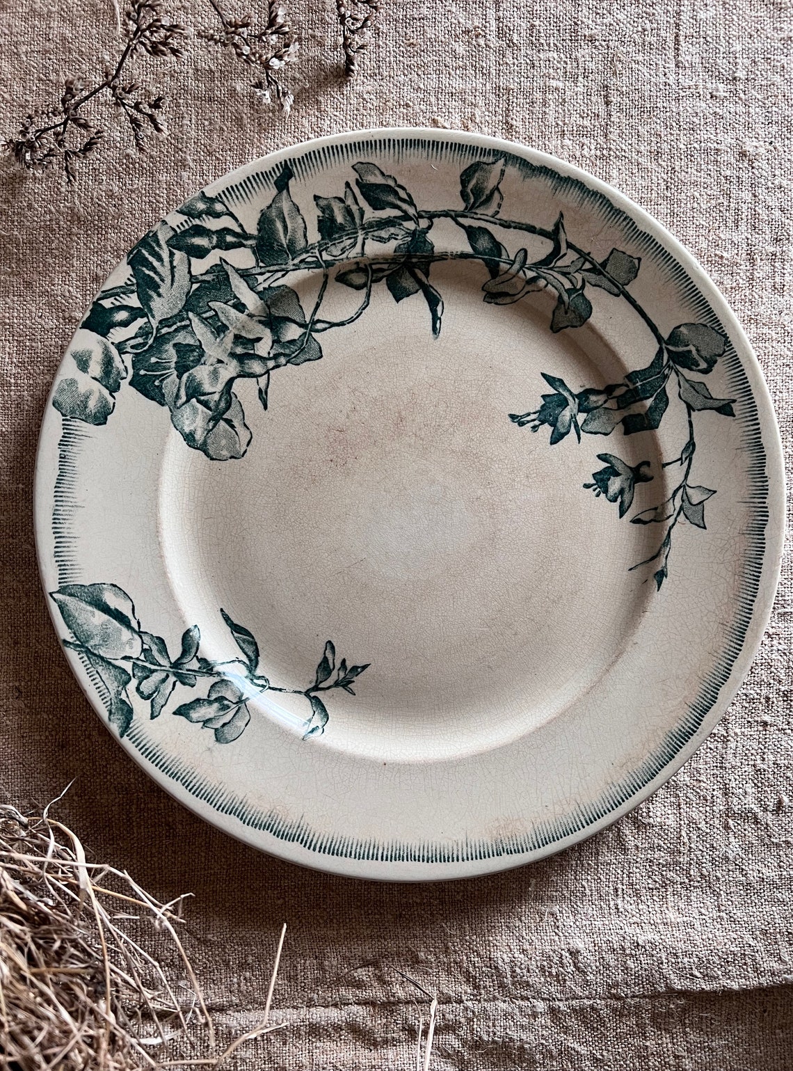 Antique French Dinner PLATE. Dark Green on Tea Stained Etsy