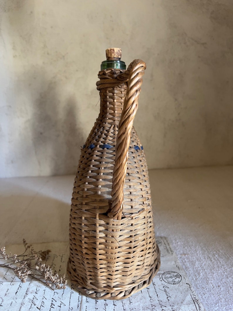 Antique French rattan bottle wicker flask glass France 1920s image 4