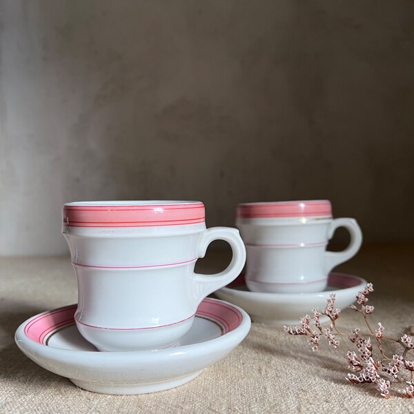 2 antique French brulots with saucers. Bistro. French Coffee cups.   Pink lines. FRANCE