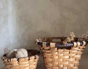 2 Antique French chestnut wood basket fruit hand woven France 1950s