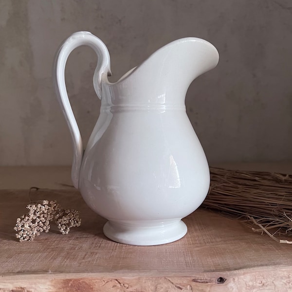 Antique French white pitcher. Judge. White ironstone. stamped LUNEVILLE. 19th FRANCE.