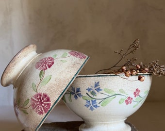 Pair of large antique French ironstone cafe au lait bowls coffee chocolate hand painted flowers France 19th century