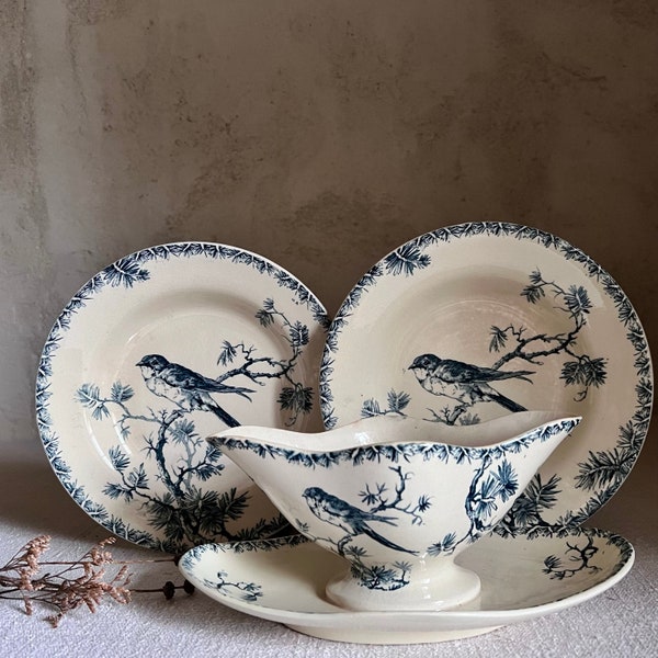Set of Antique French ironstone gravy boat and hollow plates bird swallows spring Gien France