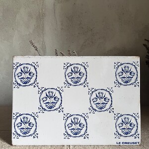 Rare!  Antique French Le Creuset TRIVET. Enameled cast iron. Blue floral decor replicating a tile pattern