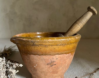 Antique French glazed terra cotta mortar wood pestle ocher mustard France