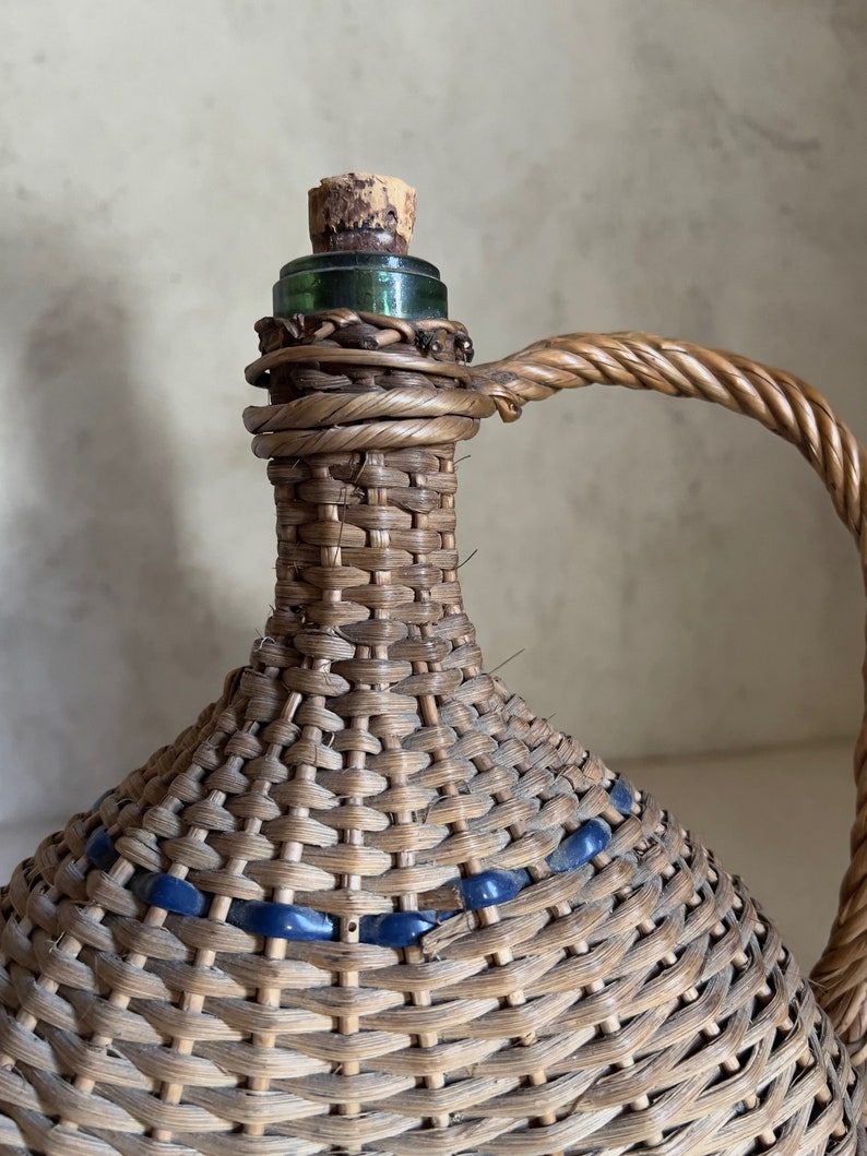 Antique French rattan bottle wicker flask glass France 1920s image 6