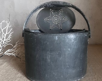 Antique French fishing pail bucket fish bait zinc case box star pattern France