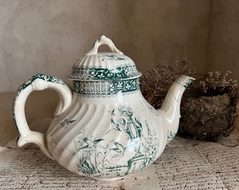 Antique french teapot. Green transfer. LUNEVILLE Lace pattern. FRANCE