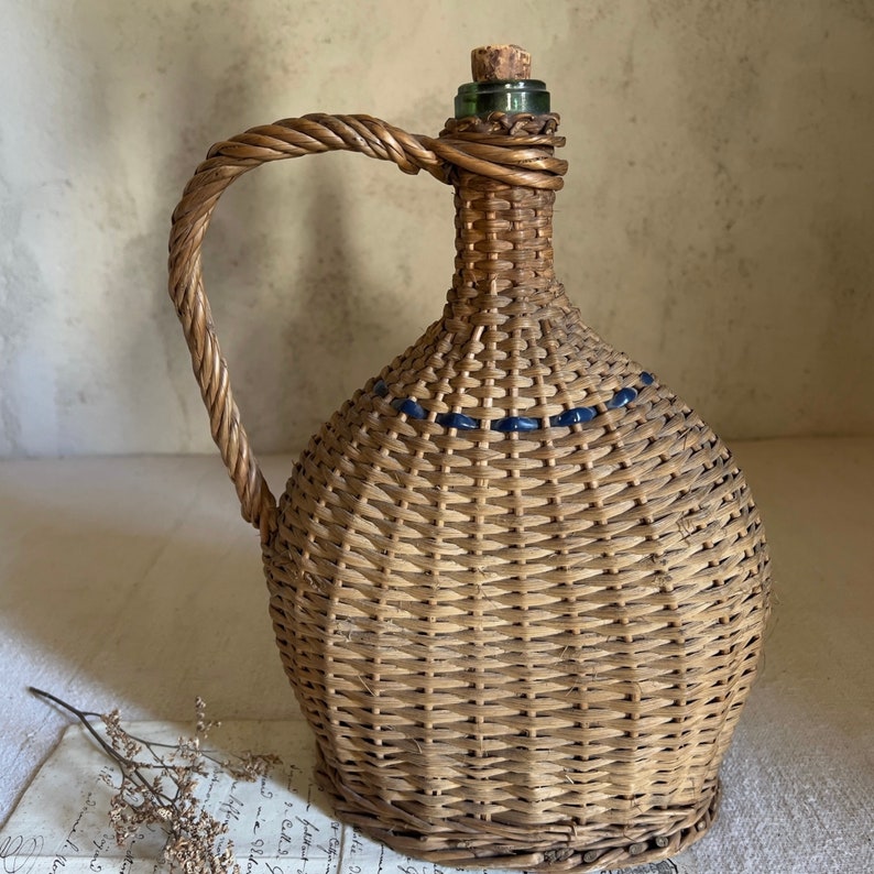 Antique French rattan bottle wicker flask glass France 1920s image 9
