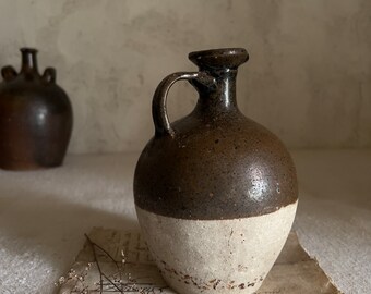 RESERVED for J. Please don't buy. Antique French rustic  stoneware oil jug pitcher jar . Earthenware. Olive-Brown- Beige color.