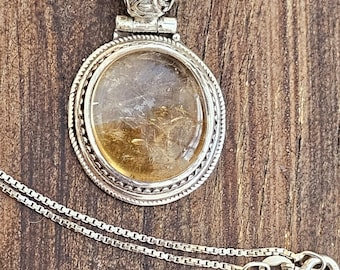925 Silver Rutilated Quartz Pendant with Box Chain - 18&quot;
