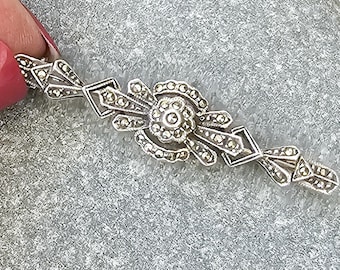 Art Deco Solid Silver 925 Marcasite Geometric Brooch Tye Pin.