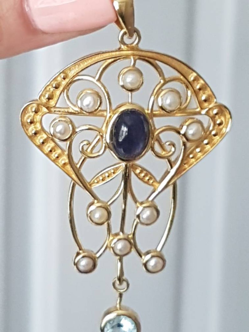 Gift for Her 9ct Gold on Solid 925 Silver Filigree Design Purple Gemstone Pendant Natural Blue Topaz and Seed Pearls Art Deco Inspired