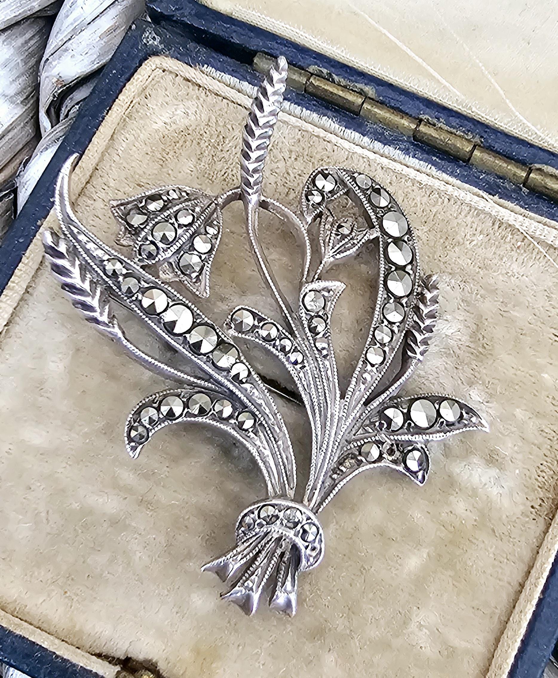 Vintage Solid Fine Silver 925 Marcasite Flowers Brooch Pendant. Sterling Silver.