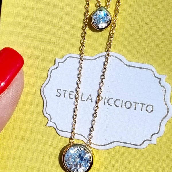 18ct Gold 925 Silver Crystal Necklace. 925. Stella Piciotto. Bezel Set. Gold Layered Necklace