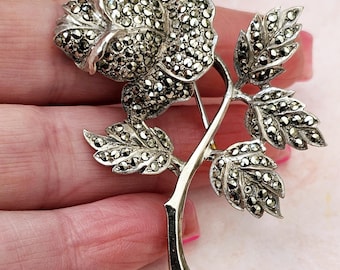 Vintage Solid Silver 925 Marcasite Flower Brooch. Large brooch